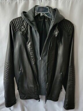 Express Dark Brown Quilted Vegan-Leather Bomber Jacket With Detachable Hood